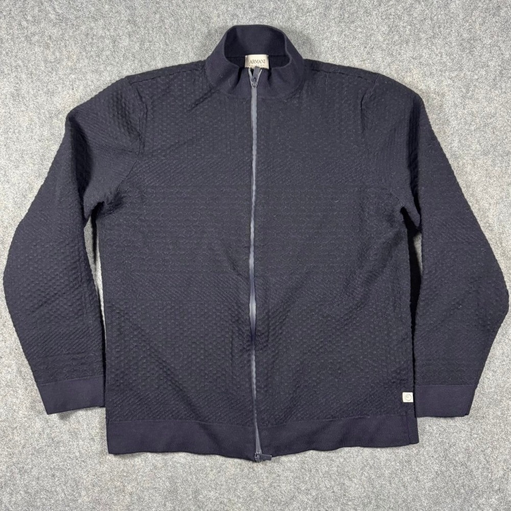 Armani Collezioni Mens Navy Blue Waffle Knit Full Zip Cardigan Virgin Wool XL 56